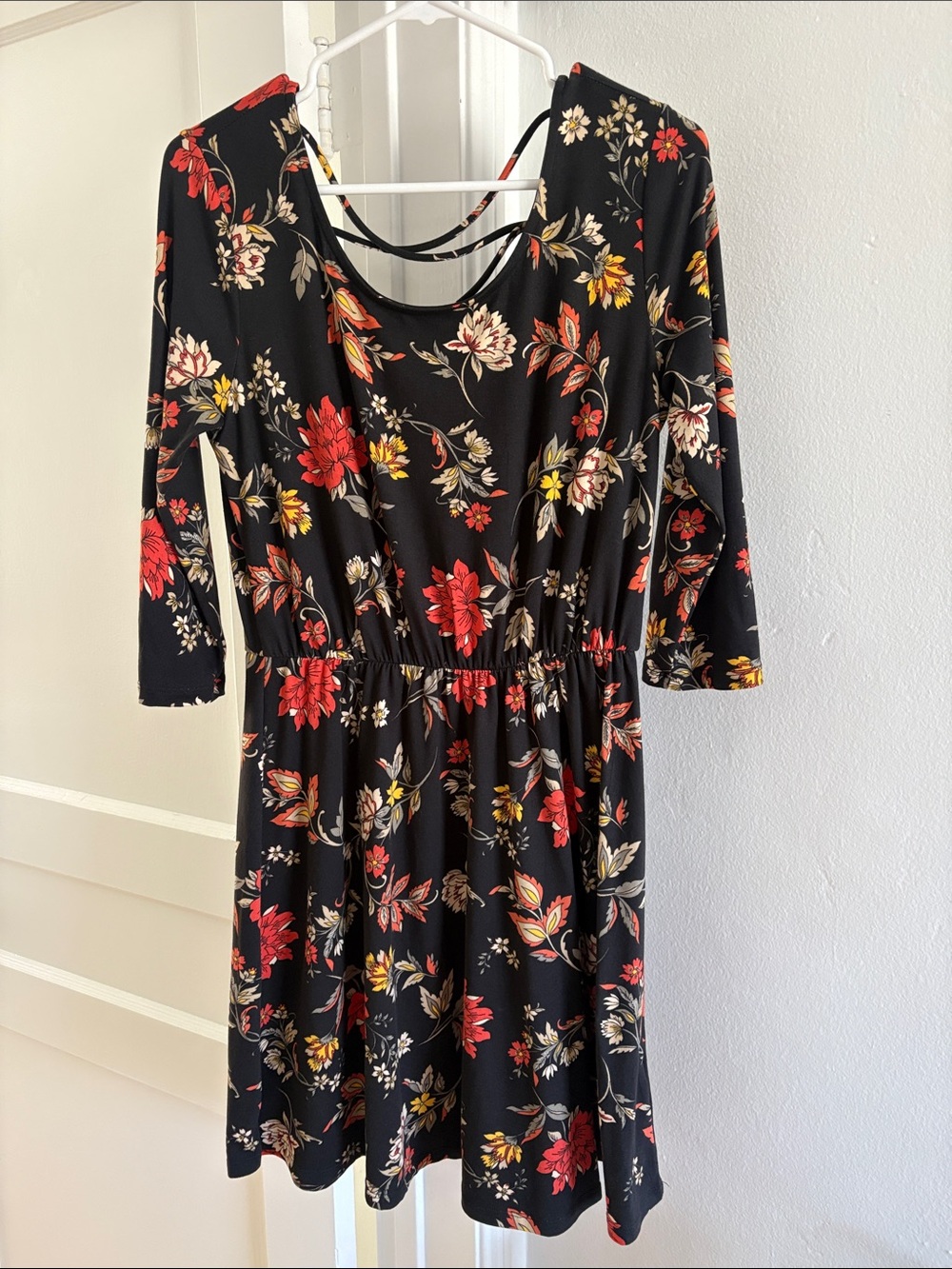 French Grey Black Floral Long-Sleeve Fit & Flare Dress